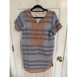 THML Embroidered Tunic Dress Blue White Striped Orange Boho Size Small